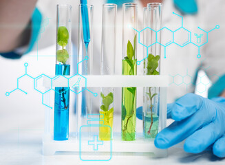 Laboratory research on plant growth using test tubes and solutions in a science lab environment