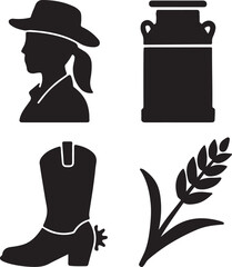 Farming and agriculture icon set. Rural life and agricultural equipment silhouettes. Solid icon collection.