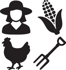 Farming and agriculture icon set. Rural life and agricultural equipment silhouettes. Solid icon collection.