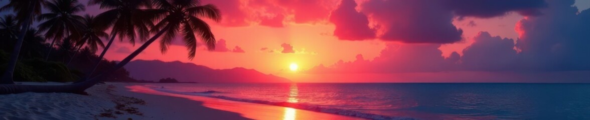 Obraz premium Vibrant sunset hues paint Hawaiian beach, palm trees silhouetted , vibrant, paradise, idyllic