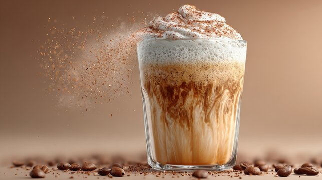 Close-up of creamy iced coffee drink with foamy whipped topping and cocoa powder explosion perfect for summer beverage promotions, café menus and food photography projects