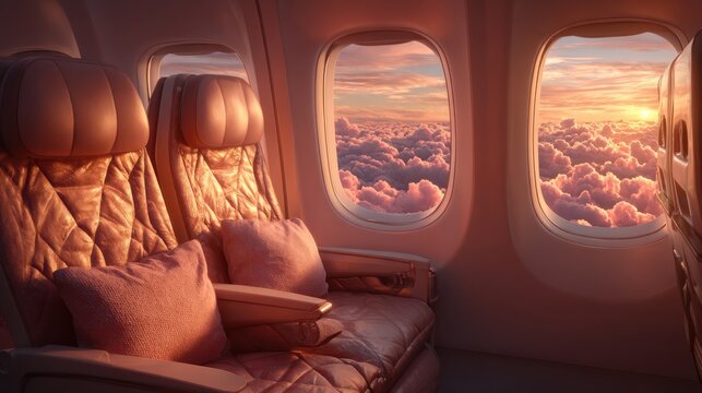Luxurious airplane window view during golden sunset with soft pink clouds and empty leather seats perfect for premium travel promotions, airline advertising and dreamy flight experiences