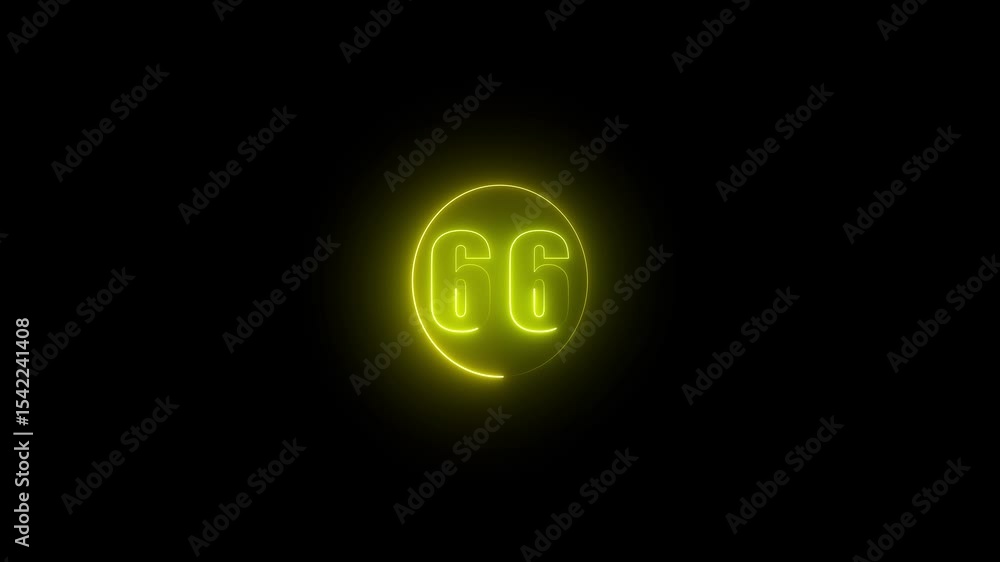 Poster 4k, video, abstract glowing neon text 66 number countdown icon. glowing sign on black background neo