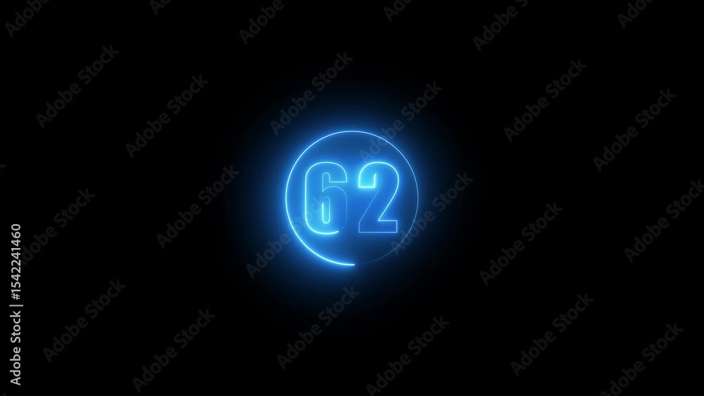 Poster abstract glowing neon text 62 number countdown icon. glowing sign on black background neon number. g
