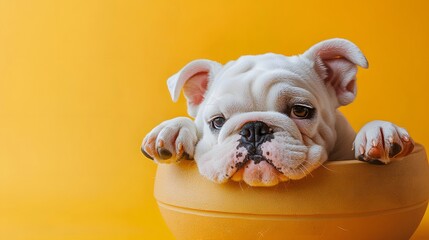 Adorable Bulldog Puppy Relaxing in a Bowl with Bright Yellow Background