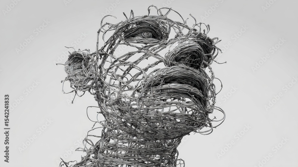 Aufkleber Melancholy Face Crafted From Wires Portrays an Abstract Structure in a Clean Setting