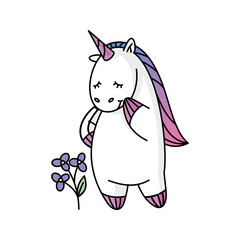 A friendly unicorn with pastel colors looks thoughtfully at a blooming flower. Its gentle smile and vibrant mane add charm, creating an enchanting feeling in a playful setting