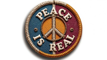 A circular patch with blue, orange, and maroon sections, featuring a peace symbol and bold white text reading 'PEACE IS REAL' with textured embroidery.
