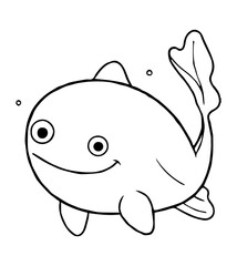 Outlined cartoon fish smiles with round body fins and bubbles