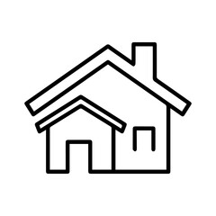 Outlined house icon with a chimney attached shed and window on white