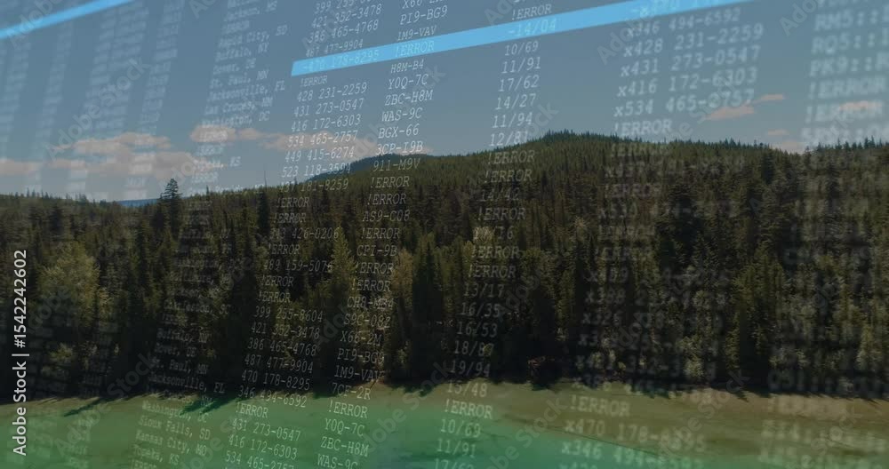 Poster at third second digital overlay fading in over forest canopy and lake while scanning error lines