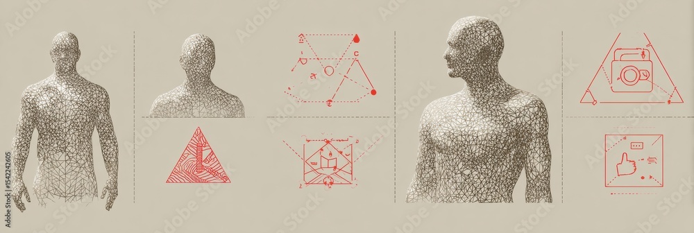 Poster human wireframe design incorporating warning icons in neutral beige color scheme for informational a