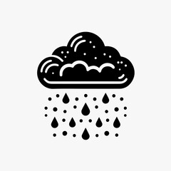 Black and white vector illustration of a rain cloud with raindrops falling.