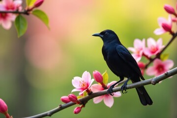 Fototapeta premium Blackbird perched on blooming branch, spring sunlight , branch, season, eye