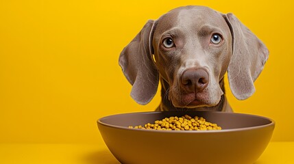 Curious Grey Dog Watching Food Bowl on Bright Yellow Background