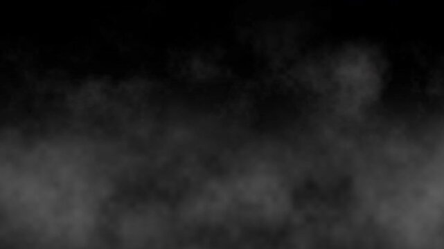 White smoke or steam slowly moving on black background. Gray fog effect isolated on black screen background. Rising smoke overlay. Loop, 4K