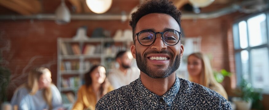 The smiling man in glasses among friends in a modern workspace. - Powered by Adobe