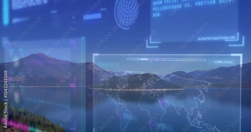 Aufkleber at playback start holographic overlay fading over alpine lake, pulsing map to visualize global data