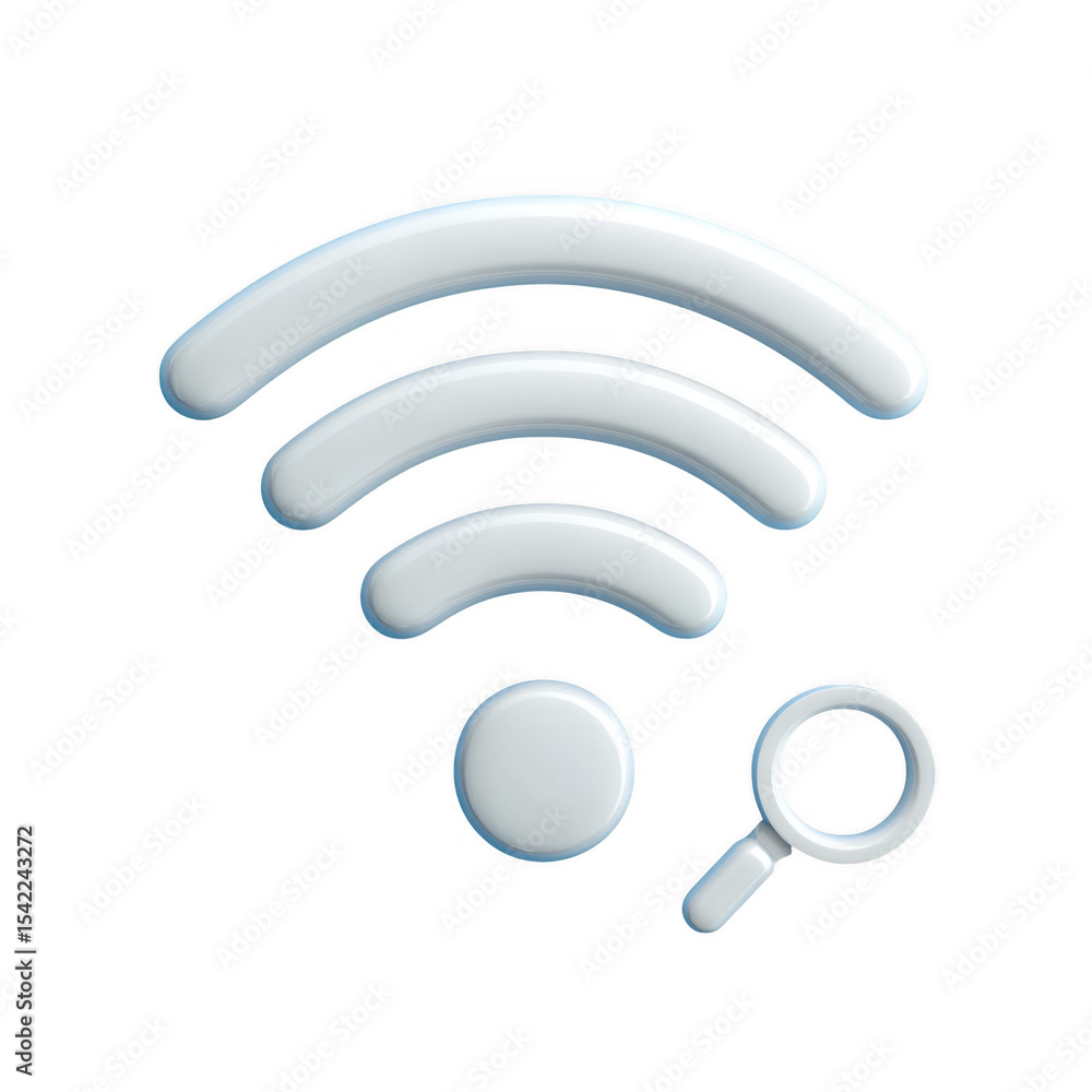 Poster a 3d rendering of a white wifi symbol and a magnifying glass isolated on transparent background