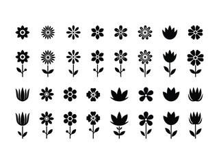 Flower Icon Set, Flat Floral Silhouette Vector Collection