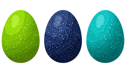 Set of Three Speckled Easter Eggs in Green, Blue, and Teal Colors, Ideal for Holiday and Springtime Celebrations
