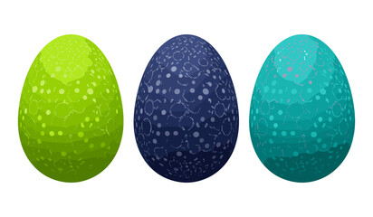 Set of Three Decorative Easter Eggs with Abstract Patterns in Green, Blue, and Teal Colors, Ideal for Holiday and Celebration Themes