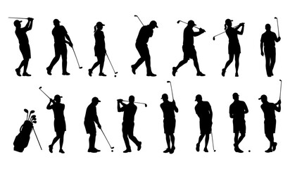 A Diverse Collection of Male and Female Golfers in Various Action Poses, Featuring Swings, Puts, and Equipment