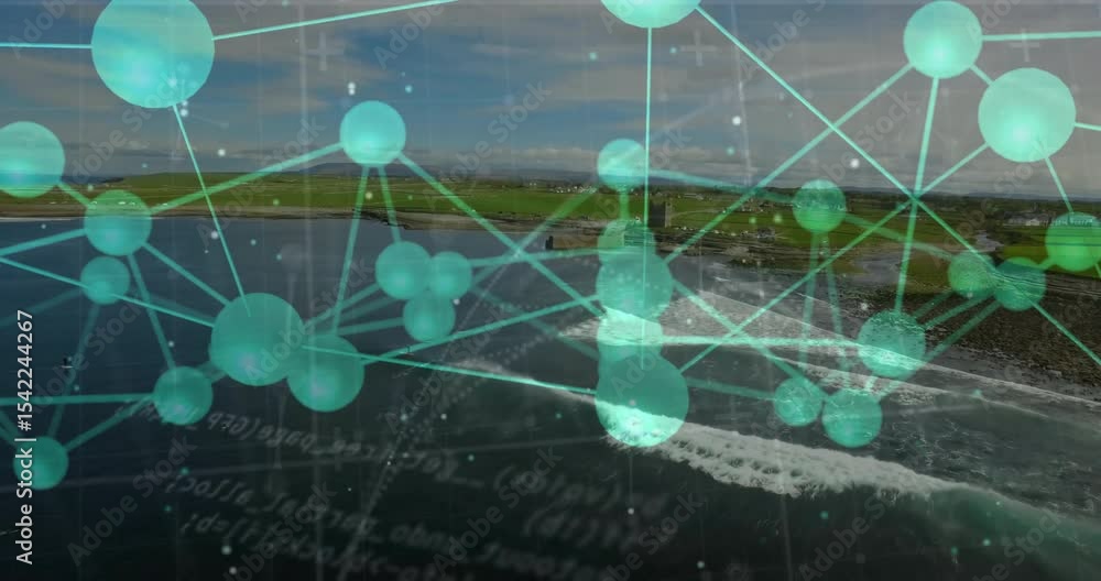 Poster opening aerial coastal surf initiating green network overlay shifting nodes visualizing data