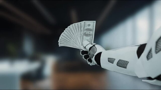 A futuristic robot holds cash in a sleek office space, symbolizing the merging of technology and finance, highlighting innovation in modern business practices. MZL