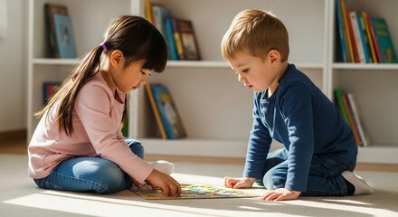 Preschoolers kids Solving Puzzle Together on Sunny Classroom Rug