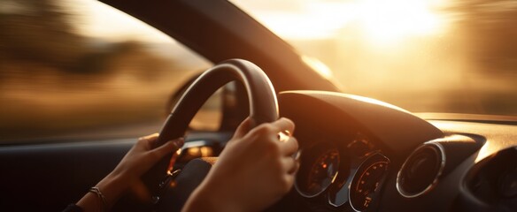 The hands gripping the steering wheel while driving into a beautiful sunset.