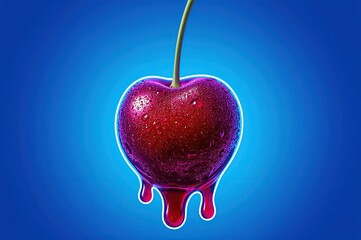 A solitary hyperrealistic red cherry glistens with dew and dripping juice, outlined in electric blue neon, set against a vibrant gradient in bold 60s pop art style.