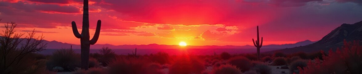 Crimson sun dips behind saguaro, desert hues ignite , backdrop, sky, vista