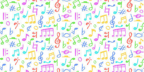 Seamless pattern of charcoal scribble music notes. Vector illustration of cute childish music school pastel or wax pencil signs. Handwritten kindergarten colorful pop doodles for fun, vibrant designs
