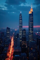 Fototapeta premium Dark blue hour, illuminated skyscrapers pierce a fading sky , urban, dark
