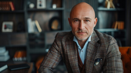 Confident bald businessman in plaid suit sitting in modern office setting