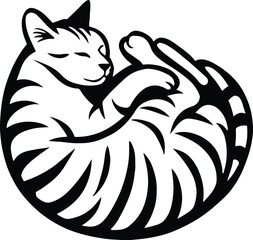 Sleeping cat in circle silhouette design, Curled up kitten minimalist black and white