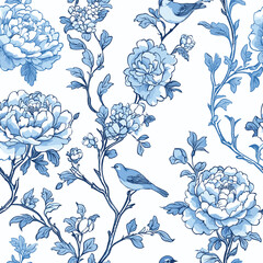 Floral Blue Chinoiserie Toile de Jouy Seamless Pattern with flowers, branches, birds. 03