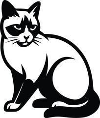 Siamese cat black and white illustration style, Elegant breed cat detailed vector drawing