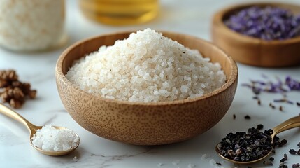 Pile of white salt in wooden bowl