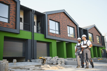 Two builders on the background of new cottages. The work is done