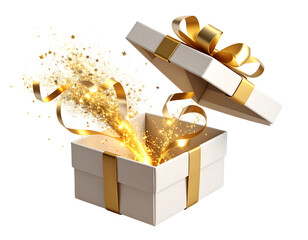 Exploding Gift Box with Flying Ribbons and Glitter, 3D Render Style, Transparent