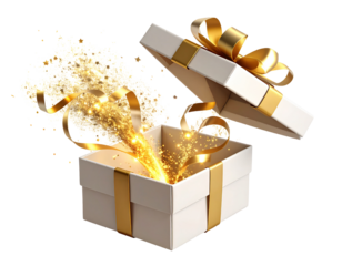 Exploding Gift Box with Flying Ribbons and Glitter, 3D Render Style, Transparent