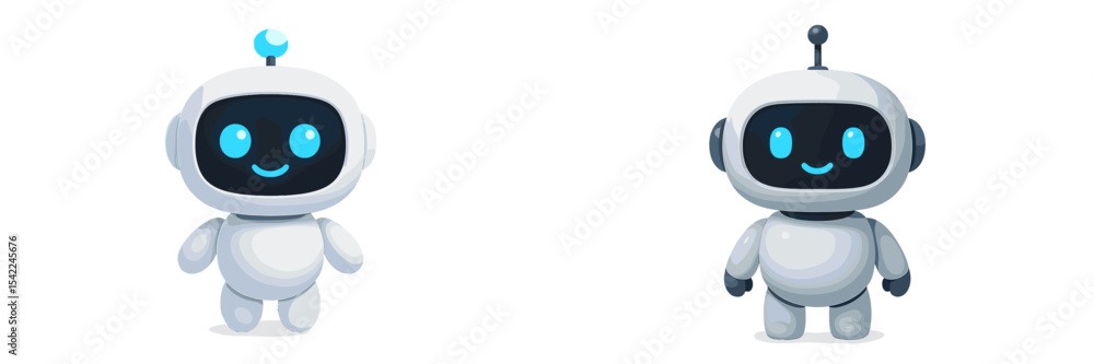 Poster two playful robots standing side by side in a minimalist setting with friendly expressions and brigh