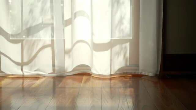 Transparent curtains fluttering in the wind, patterns of sunlight, parquet flooring, interior design, home d&eacute;cor