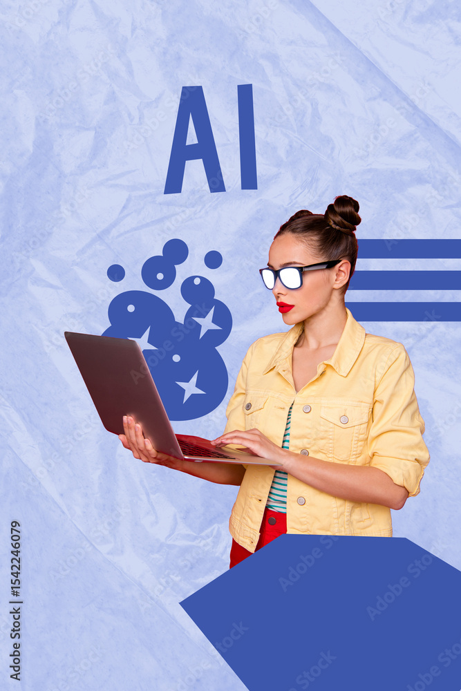 Poster trend composite sketch template 3d collage of young woman work netbook virtual technology online com