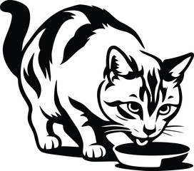 Cat drinking from bowl black and white art, Thirsty cat silhouette clean line style