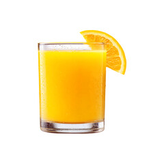 Fresh orange juice in a glass with whole and sliced orange isolated on a transparent background.