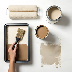 Female painting hand with paintbrush and beige paint equipment on white background.