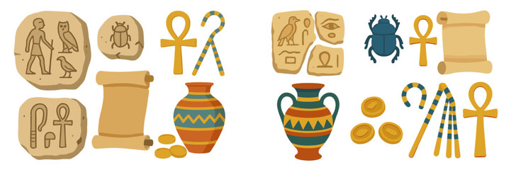 Ancient Egyptian artifacts displayed in a vibrant illustration showcasing cultural symbols and items related to mythology